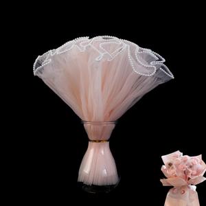 XIZHI 2 Pack 4.5 Yard Bouquet Wrapping Paper Pearl Wrinkled Wavy Net Yarn Flower Wrapping Mesh Paper Korean Bouquet Wrapping Mesh,for DIY Crafts Valentine's Day Wedding Florist Supplies (Pink)