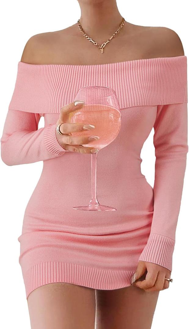 FAIRY SEASON Women's 2025 Off The Shoulder Sweater Mini Dress Long Sleeve Bodycon Cocktail Party Dresses (Medium, Pink)