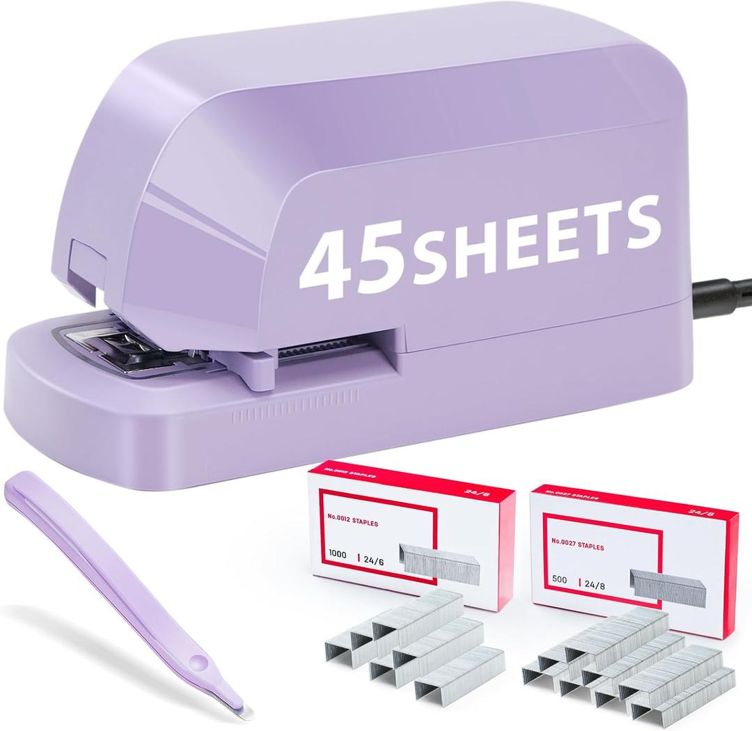 Electric Stapler for Desk Value Pack, 45 Sheet Capacity, Includes 1500 Staples & Staple Remover, No-Jam, Faster Stapling, AC Adapter Powered, Purple