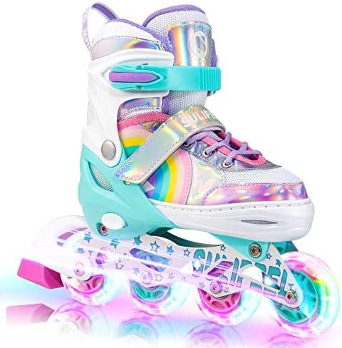 SULIFEEL Rainbow Unicorn Inline Skates for Girls Boys 4 Size Adjustable Light up Wheels Skates for Kids Beginner M