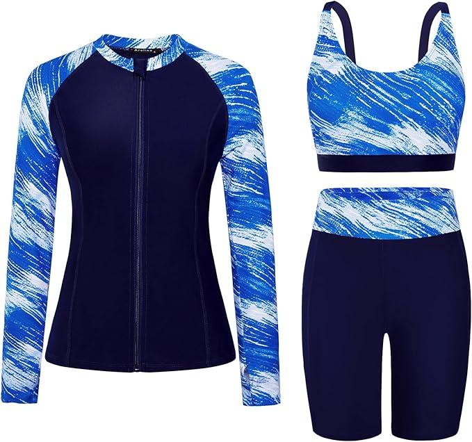 Arolina Womens Rash Guard Long Sleeve Swim Shirts Swimsuit 2025 Bathing Suit with Womens Swim Shorts & Two Pockets, S
