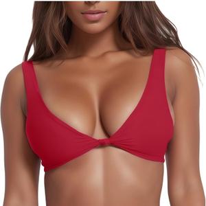 Bikini Tops for Women Sexy V Neck Kont Front Adjustable Swimsuit Top Push Up Supportive Bathing Suit Top (Medium, Red)