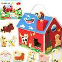Wooden Barn Shape Sorter Montessori Farm Animal Toys for Toddlers, Educational Pretend Play Barn with Flip-Open Roof & Handle, 12 Animal Blocks, Birthday for 2-4 Boys Girls