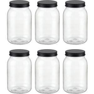 Novelinks 32 oz Clear Plastic Jars with Lids, 6 Pack Large Plastic Mason Jars with Lids 32oz, Reusable Quart Containers for Kitchen Organization (6 Pack,Black)