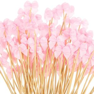 Chengu 200 Pcs Pink Bow Cocktail Picks for Appetizers Ribbon Bow Bamboo Cocktail Toothpicks Bulk for Fruit Drink Dessert Wedding Food Party Supplies