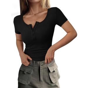 PRETTYGARDEN Women's 2026 Summer Short Sleeve Tops Ribbed Henley Button Slim Fit Basic Casual T Shirts Blouse Fashion Clothing (Large, Black)