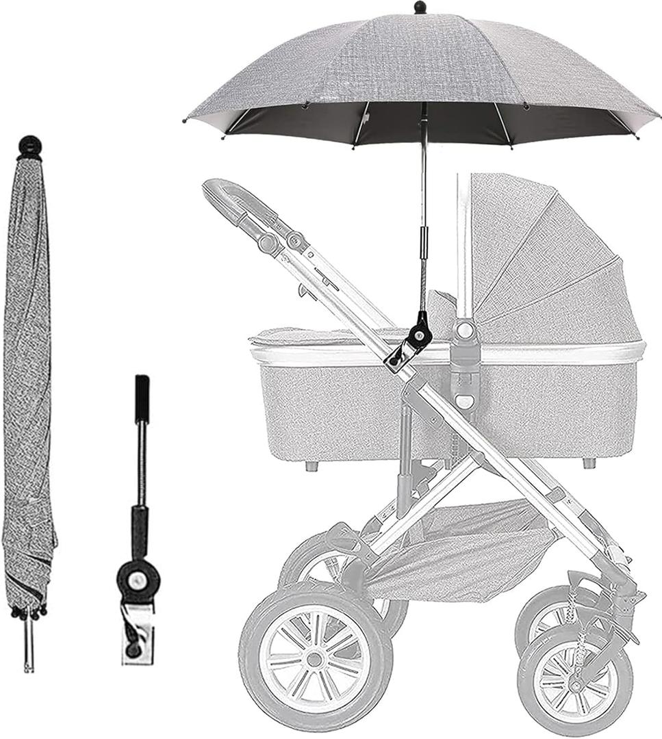 Baby Stroller Parasol, Universal Umbrella with Clamp, 360 Degree Adjustable UV Protection Stroller Sun Shade, Waterproof Umbrella for Trolley, Bike, Wheelchair, Beach Chair (Gray)