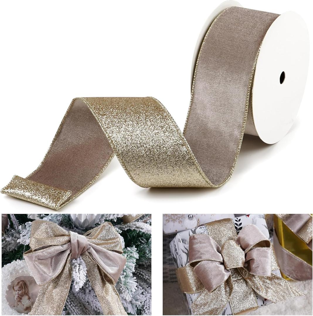Taupe Velvet Wired Ribbon with Glitter Back 2.5 Inch Camel and Gold Christmas Ribbon Wired Taupe Ribbon for Christmas Tree, Gift Wrapping, Mantel, Wreaths Supplies, Topper Bows (10 Yards)