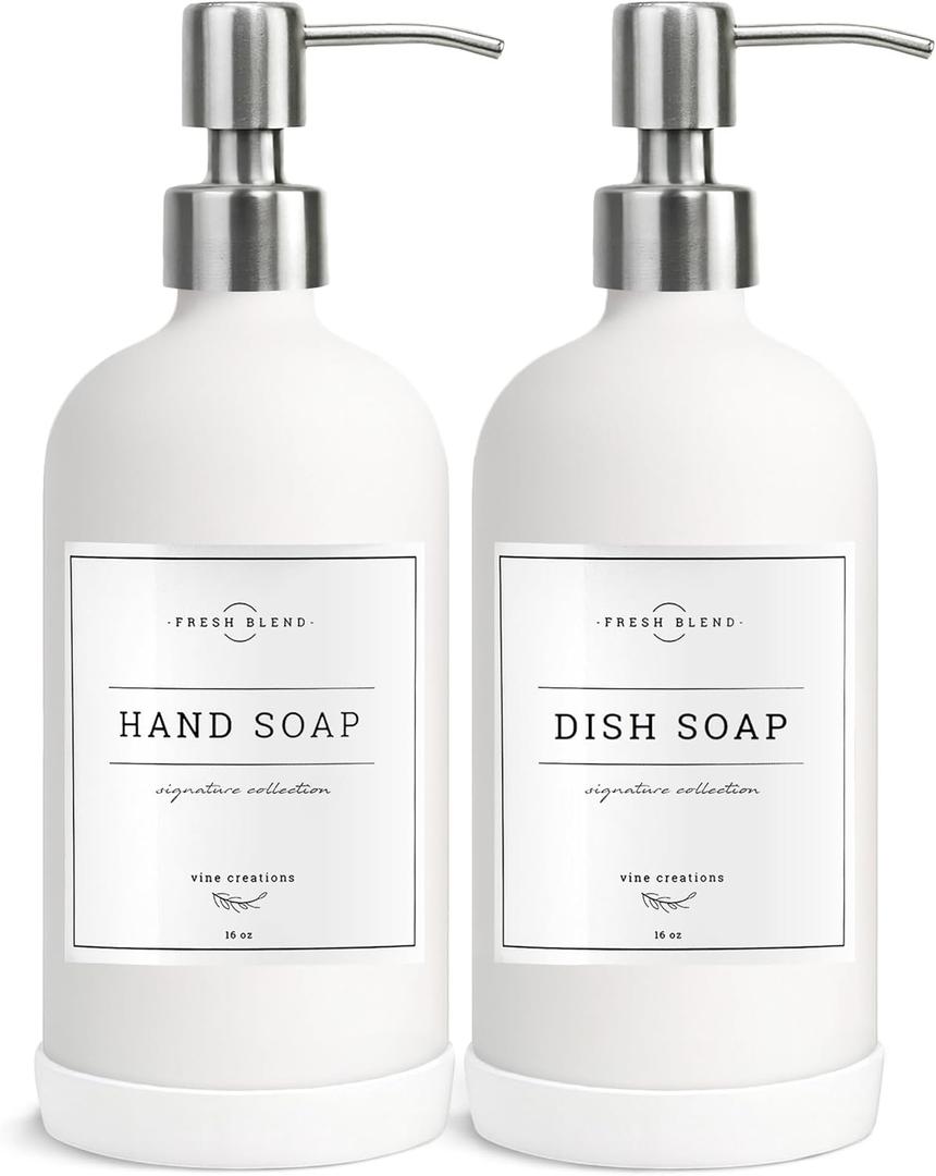 Vine Creations White Glass Soap Dispenser, 2 Pack Kitchen Soap Dispenser Set with Stainless Steel Pump, 16 oz Dish Soap and Hand Soap Dispensers for Bathroom with Waterproof Labels (Matte White Bottle / Silver Pump)