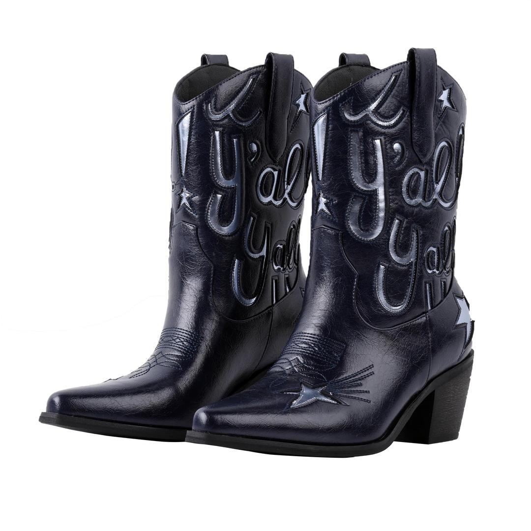 Shofrindy Blue Cowboy Boots for Women Metallic Mid Calf Booties with Stars Western Navy Cowgirl Fashion Embroidery Short Boots with Chunky Low Heel Party Shoes Cocert Outfits Size 7.5