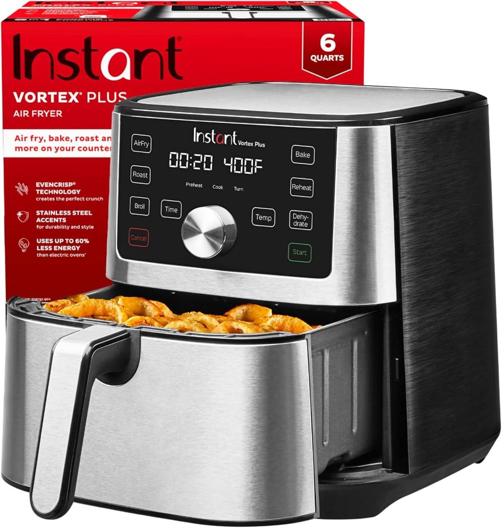 Instant Pot Vortex Plus 6QT XL Air Fryer, 6-in-1, Broils, Dehydrates, Crisps, Roasts, Reheats, Bakes for Quick Easy Meals, 100+ In-App Recipes, Dishwasher-Safe, from the Makers of Instant Pot, Black (Stainless Steel)