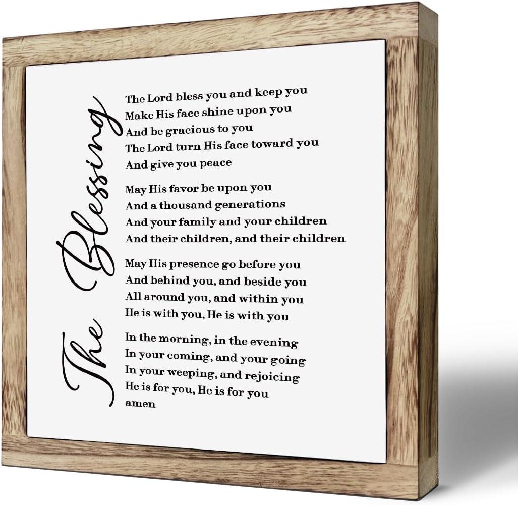 Rustic Christian Wooden The Blessing Sign Farmhouse Bible Verse Box Plaque 9.89.8in, Religious Wall Art for Living Room or Shelf Decor, Inspirational Home Decoration, Housewarming or Christian Gift