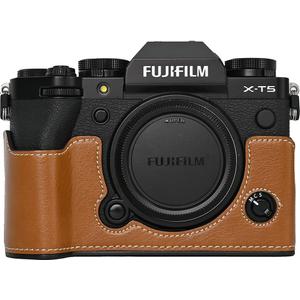 X-T5 Case, BMAOLLONGB Handmade PU Leather Half Camera Case Bag Cover Bottom Opening Version for Fujifilm X-T5 XT5 with Neck Strap Mini Storage Bag (Brown)