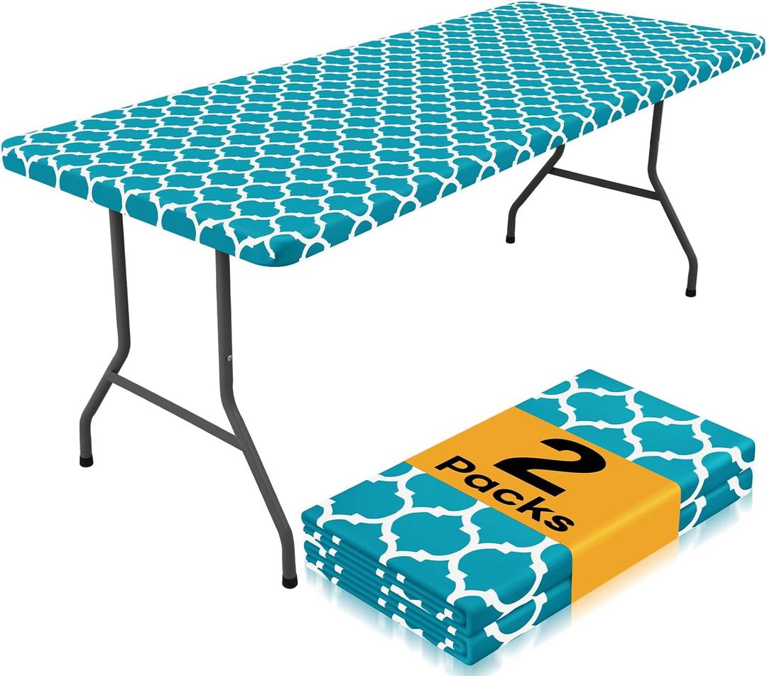 Smiry 2 Pack Rectangle Table Cloth 4 Foot, Waterproof Elastic Fitted Tablecloths, Windproof Washable Polyester Table Cover for Picnic, Camping, Outdoor (Teal, 30"x48")