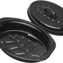 13 Inch Small Roasting Pan with Lid - Covered Oval Roaster - Enamel Carbon Steel Roaster Pot - Excellent Heat Distribution and Non-sticky - for Turkey Chicken Meat & Vegetables