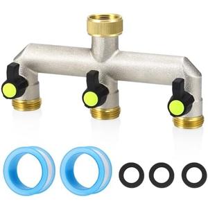 Brass Garden Hose Splitter - Water Hose Splitter 3 Way Heavy Duty, Outdoor Faucet Splitter with Shut Off Valves, Hose Bib Adapter and Spigot Connector 3/4"