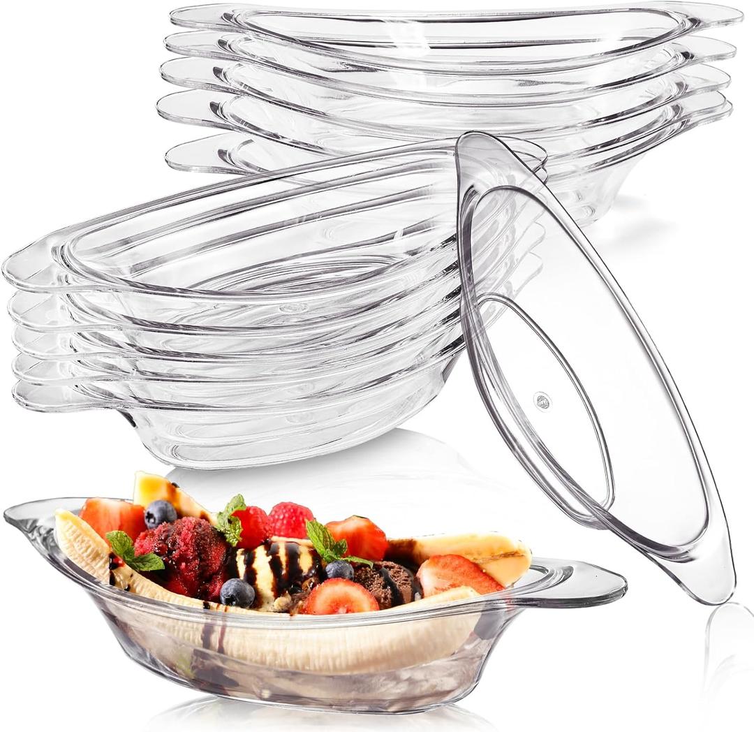 12 Pack Acrylic Banana Split Boats, 6 Oz Ice Cream Sundae Serving Dish, Reusable Clear Dishware Bowl Serving Plates for Fruits, Dessert, Yogurt, Brownies, Salad, Snack