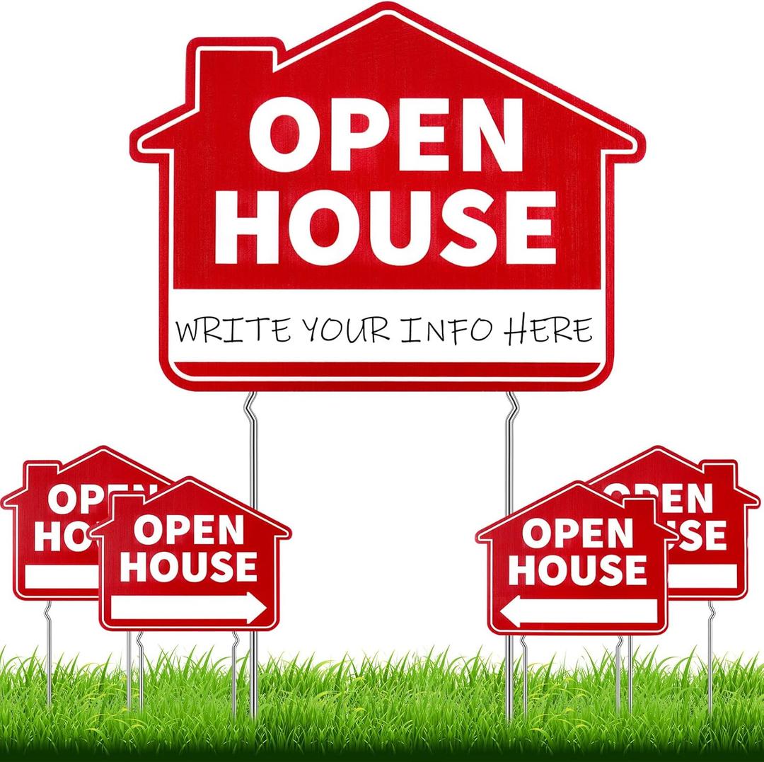 Queekay 5 Pack Open House Yard Signs with Metal Stakes for Real Estate 16 x 12 Large Double Sided Weather Proof Open House Signs with Directional Arrows Real Estate Agent Supplies(Red)