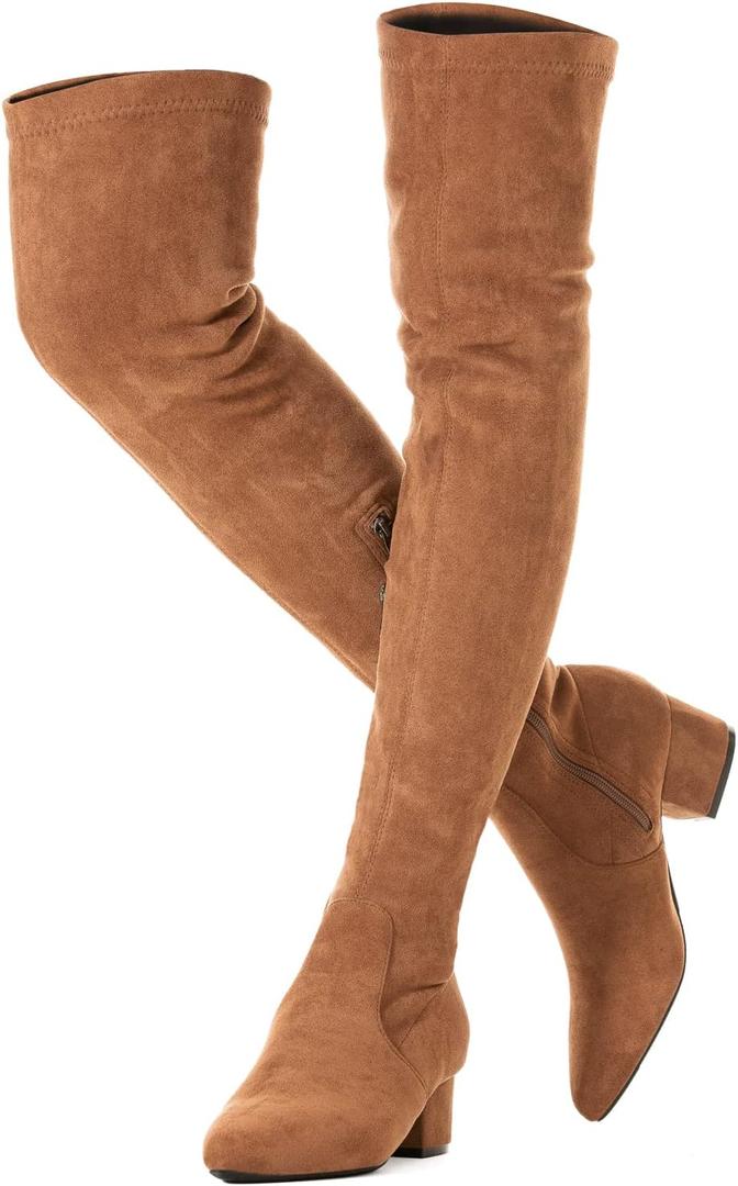 N.N.G Women Over the Knee Boots Low Heel Winter Block Suede Thigh High Chunky OTK Long Comfort (6.5)