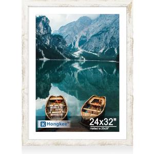 Hongkee 24x32 Poster Frame, Distressed White Wood Style, Wall Mounting