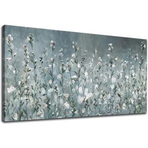 NINEASO Abstract Flower Wall Art - Elegant Translucent White Wildflowers Pictures Botanical Wall Decor Grey Blue Green Bloom Painting Prints Artwork for Living Room Bedroom Home Office 24" x 48"