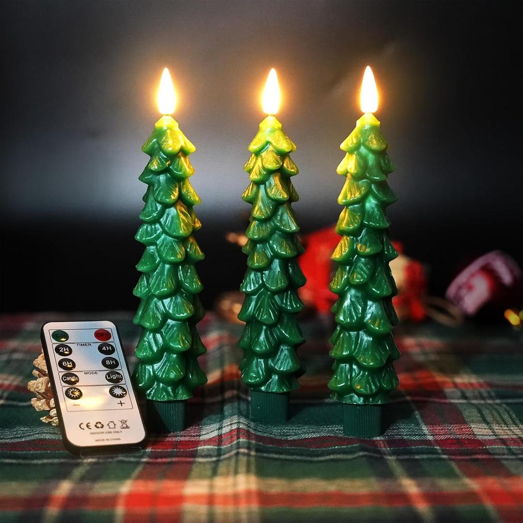 Christmas Decorations Indoor, 3 PCS Waxy Christmas Tree Candles with Remote Timer, Battery LED Candlesticks for Window, Table Centerpiece, Xmas Decor, Gift (7.5 inches)