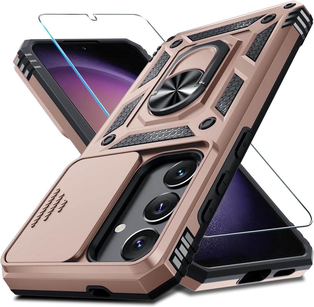 Janmitta Compatible with Samsung Galaxy S25 Plus/S24 Plus Case Built in Slide Camera Lens Cover+Screen Protector+Finger Ring Holder Kickstand,Heavy Duty Shockproof Full Body Phone Cover,Rose Gold