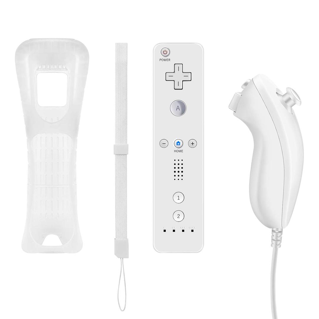 GLOWANT Wii Controller with Silicone Case and Wristband, Remote Control with Nunchucks Built-in Motion Plus- Compatible with Wii/Wii U Consoles (White)