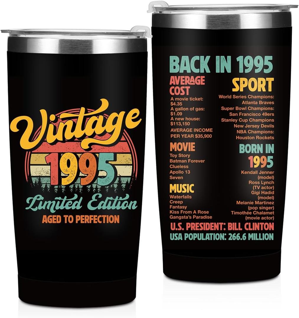 Vintage 1995, 31st Birthday Gifts for Men Him, 31st Birthday Decorations Tumbler, 20 oz Stainless Steel Insulated Coffee Mug, Gifts for 31 Year Old Man Friend, Travel Cup, Black Drinking Cup for Car
