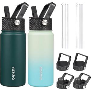BJPKPK 2 Pack Insulated Water Bottles with Straw Lids, 18oz Stainless Steel Metal Water Bottle with 6 Lids, Leak Proof BPA Free Thermo, Cups, Flasks for Travel, Sports (Army Green+Mint)