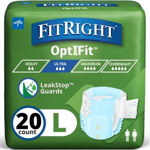 FitRight Adult Diapers, Ultra Heavy Absorbency, L (Waist Size 44in-56in), 20 Count, OptiFit Incontinence Briefs for Men and Women, Disposable, Moisture-Wicking, Leak Protection, (L)
