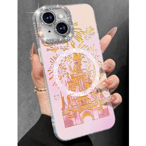Toycamp for iPhone 15 Case - Compatible with Magsafe Aesthetic Cute Holographic i15 Case with Diamond Bling Lens Protector for Apple 15 Cover for Women Girls, Fireworks Castle