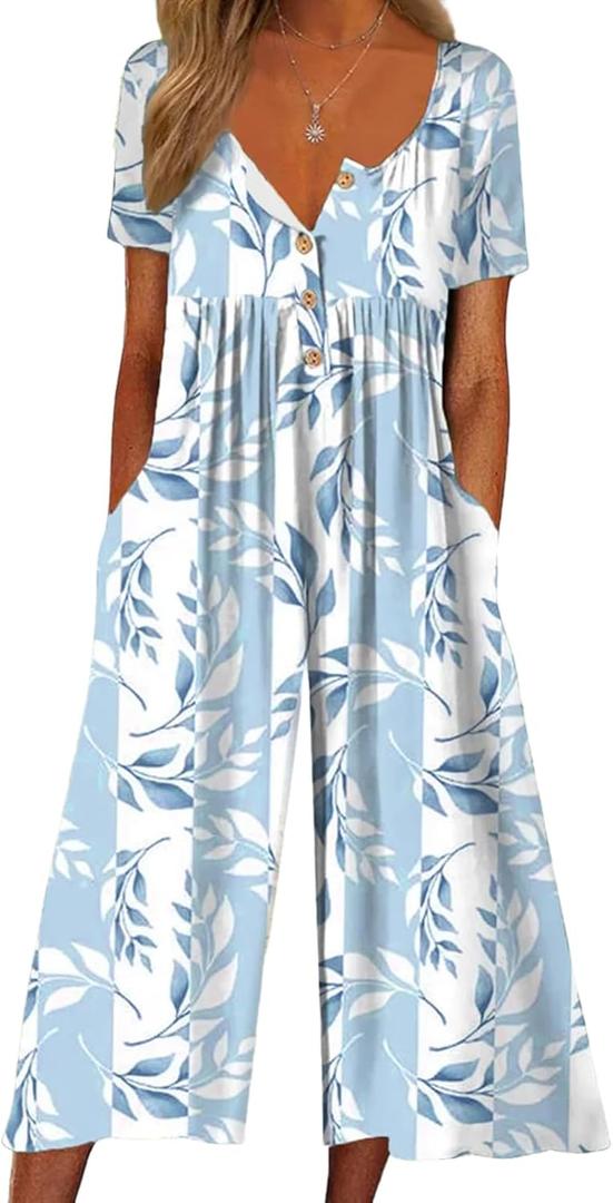 LOZ Women's Blue Leaf Print V-Neck Jumpsuits 2025 Summer Casual Half Sleeve Wide Leg Pants Rompers Beach Wear (M)