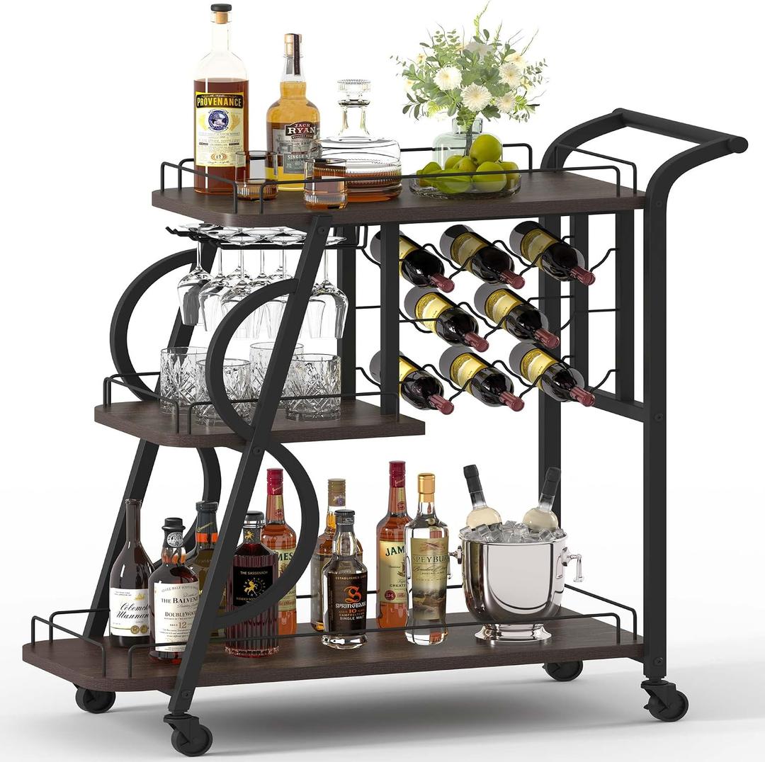 Rustic Bar Cart, 3 Tier Rolling Bar Carts for The Home, Industrial Home Serving Cart with Wine Glass Holder, Wood Metal Liquor Trolley, Mobile Beverage and Drink Carts (Walnut Brown), 16.65"D x 35.43"W x 36.06"H