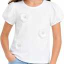 Girls Puff Sleeve Shirts 3D Flower Pearl Summer Tops Off White 13-14 Years
