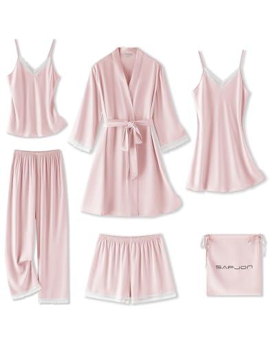 SAPJON Womens Silk Pajama Sets 6Pcs Sexy Satin Robe Sleepwear Set V Neck Lace Cami Shorts Nightgown Loungewear Pink, Small
