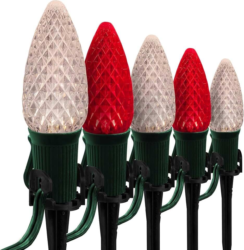 Wintergreen Lighting 50' OptiCore LED C9 Red and Warm White Pathway Christmas Lights, Heavy Duty Bulbs for Driveway, Walkway Marker, 5" Commercial PathPRO Stakes, 18 Gauge Green Wire