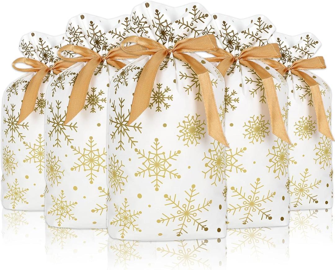 Whaline 72Pcs Christmas Plastic Drawstring Gift Bags 5.9 x 9.1 Inch White Gold Snowflake Treat Bags with Gold Ribbon Candy Goodies Bags for Winter Xmas Party Supplies