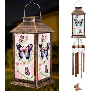 YHmall Wind Chimes for Outside, 37" Hanging Solar Windchimes Outdoors Memorial Butterfly Gifts for Women Mom Grandma, Solar Lanterns Wind Chimes for Home Patio Yard Garden Decor