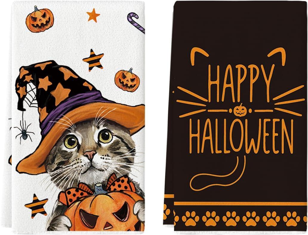 Artoid Mode Pumpkin Cat Happy Halloween Kitchen Towels Dish Towels, 18x26 Inch Spider Web Jack-O'-Lantern Decoration Hand Towels Set of 2