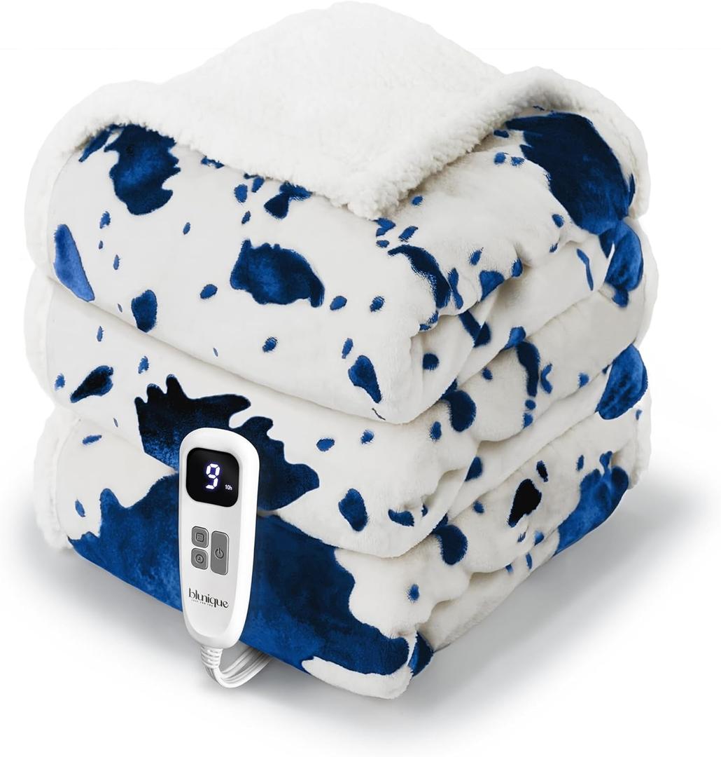 Cow Print Heated Blanket Twin-Heating Electric Blanket Twin with 10 Heat Levels & 10 Hours Auto-Off, Cozy Soft Fleece Sherpa, Washable, 62 x 84 Inche Cow Print Blue (06 - Blue Ombre-white)