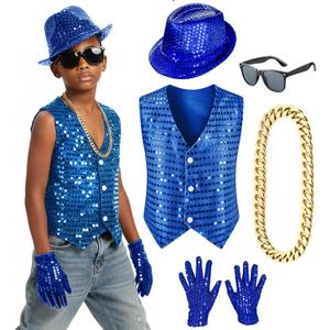 Kids Dance Hip Hop Jazz Costume Boys Sequin Vest Hat Glasses Set for Dance Party 3-12 Years (7-8 Years, Blue)