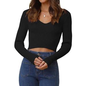 Ezbelle Women's V Neck Sweater Long Sleeve Crop Tops Sexy Ribbed Knit Pullover Shirt Trendy Blouse Fall Top (Medium, Black)