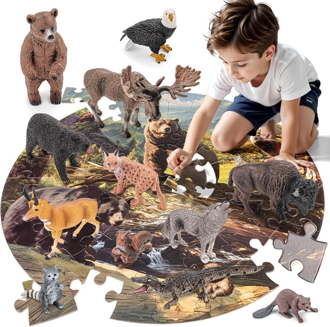 THINKBAY 12PCS Large North American Animal Figurines & 67PCS Large Woodland Jigsaw Puzzles Toys for Preschool Kids Toddlers, Ideal Realistic Safari Animals Toys Gift for Toddlers Kids