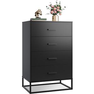 WLIVE Wood Dresser for Bedroom with 4 Drawers, Nightstand, Chest of Drawers, Tall Dresser Drawers with Sturdy Metal Frame for Hallway, Living Room, Closet, Black