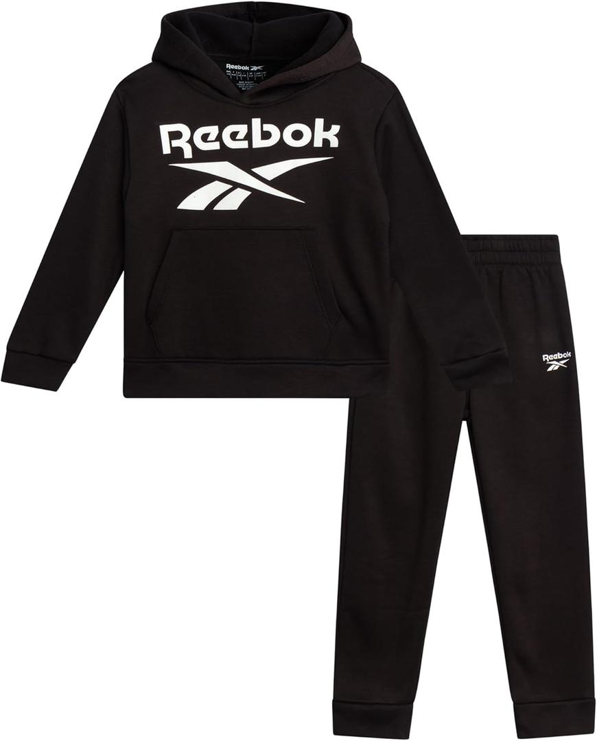 Reebok Baby Boys Pants Set - 2 Piece Pullover Hoodie and Joggers Jog Set - Cozy Fleece Play Wear Pant Sets for Toddler Sizes (5, Black Logo)