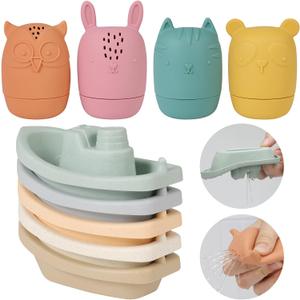 Bath Toys Floating Boats with Silicone Bathtub Toy,9pcs Mold Free Baby Bath Toys for Infants 6-12-18 Months,Water Table Toy for Toddlers 1-3,Shower Toys Pool Toys for 1 2 3 4 Boys Girls Kids