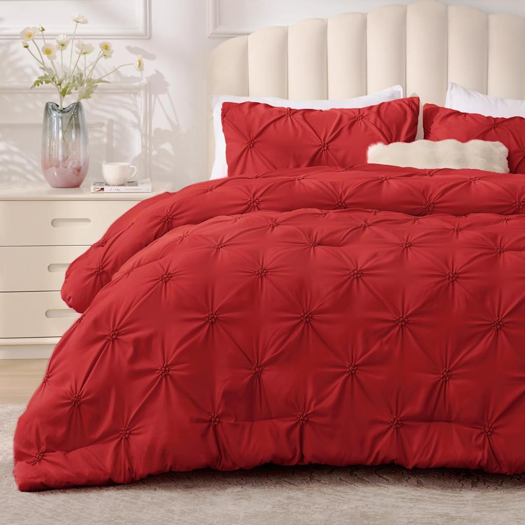 BEDELITE Red Twin Comforter Set - 2 Peices Boho Pintuck Bedding Comforter Sets, Lightweight Soft & Warm Twin Bedding Sets with 1 Pillowcase for All Season, Size: Twin(68"x 88")