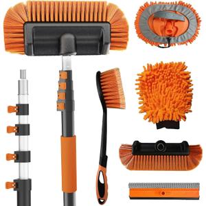 Buyplus 18FT Reach Car Wash Brush with Long Handle - Car Cleaning Kit with 3-12FT Extension Pole, Wheel Brush, Microfiber Cleaning Mop, Mitt, Window Squeegee for RV Truck SUV Boat Solar Pane Washing