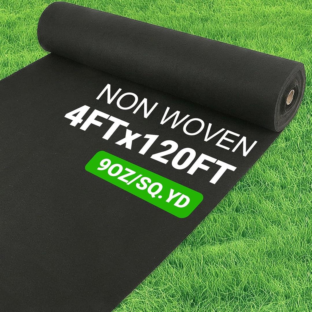 9oz Non Woven Geotextile Fabric for French Drains, 4x120FT High Permeability Drainage Fabric with Stakes Heavy Duty Landscape Fabric for Gravel Grid, Garden, Flower Beds, Weed Control, Erosion Control